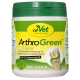 Behälter von cdVet ArthroGreen Classic, einem natürlichen Ergänzungsmittel für die Gelenkgesundheit, mit einem grünen Deckel und einem Etikett mit Nährwertangaben.
