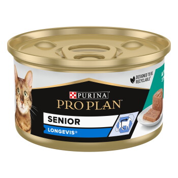 Boîte de nourriture pour chat Purina Pro Plan Senior, 85g, avec une image de chat tigré, étiquetée "Au Thon" et "Mousse" avec "Longevis®" pour la longévité.