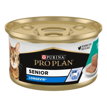 Boîte de nourriture pour chat Purina Pro Plan Senior, 85g, avec une image de chat tigré, étiquetée "Au Thon" et "Mousse" avec "Longevis®" pour la longévité.