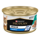 Boîte de nourriture pour chat Purina Pro Plan Senior, 85g, avec une image de chat tigré, étiquetée "Au Thon" et "Mousse" avec "Longevis®" pour la longévité.
