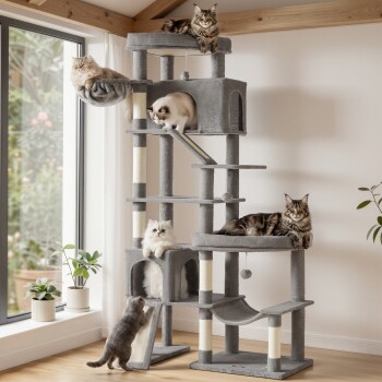 Großer grauer mehrstöckiger Kratzbaum in einem sonnenbeschienenen Wohnzimmer mit fünf Katzen, die sich nahe dem Fenster und den Topfpflanzen ausruhen und spielen.