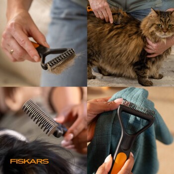 Collage, die eine Fiskars-Entfilzungsbürste zeigt, die Fell von einer langhaarigen braunen getigerten Katze entfernt; 'FISKARS'-Logo sichtbar.