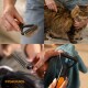 Collage, die eine Fiskars-Entfilzungsbürste zeigt, die Fell von einer langhaarigen braunen getigerten Katze entfernt; 'FISKARS'-Logo sichtbar.