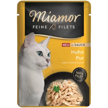 Pochette de nourriture pour chat Miamor Feine Filets avec chat blanc, bol de poulet effiloché ; mentions : NEU in SAUCE, Huhn Pur, 100% FILET