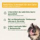 Hund, der sich die Lippen leckt, mit Text, der ein präbiotisches Verdauungsunterstützungsprodukt für die Darmgesundheit und Linderung von Verdauungsbeschwerden bewirbt.