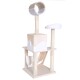 Katzenbaum mit mehreren Ebenen, einer runden Sitzgelegenheit, einer Hängematte und Kratzpfosten, alles in einem sanften beige-weißen Farbschema.