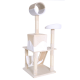 Katzenbaum mit mehreren Ebenen, einer runden Sitzgelegenheit, einer Hängematte und Kratzpfosten, alles in einem sanften beige-weißen Farbschema.