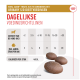 Afbeelding van Royal Canin honden traktaties met een grafiek die dagelijkse voedingsrichtlijnen per gewicht, maximale traktaties en calorie-inhoud (4 kcal elk) toont.