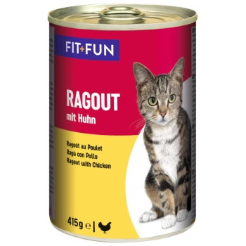 Dose FIT+FUN Katzenfutter mit der Aufschrift 'RAGOUT mit Huhn', mit einer getigerten Katze auf der Vorderseite, mit Text in mehreren Sprachen.