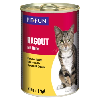 Can of FIT+FUN cat food labeled "RAGOUT mit Huhn," featuring a tabby cat on the front, with text in multiple languages.