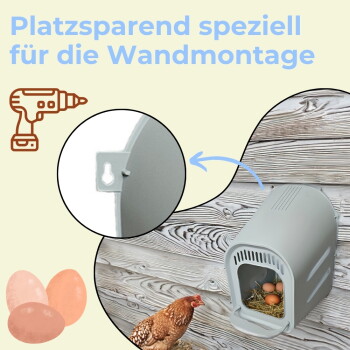 Wandmontierte Hennen-Nistbox mit Eiern und Heu an einer Holzwand; Montage-Detail; Text: 'Platzsparend speziell für die Wandmontage'.