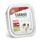 Yarrah Bio-Hundefutterpaté, 150 g, mit Rindfleisch und Spirulina, mit einem getreidefreien Rezeptetikett und einer Hundillustration.