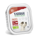 Yarrah Bio-Hundefutterpaté, 150 g, mit Rindfleisch und Spirulina, mit einem getreidefreien Rezeptetikett und einer Hundillustration.