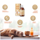 Eine Flasche des Ergänzungsmittels RECOVERY RENAL für Katzen mit einer Box auf Deutsch, plus eine entspannte rote Katze auf einer Arbeitsplatte neben einer Kaffeetasse.