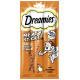 Dreamies Meaty Sticks Verpackung mit einer verspielten Katze, mit Text, der "90% Fleisch" und "Mit leckerem Huhn" hervorhebt.