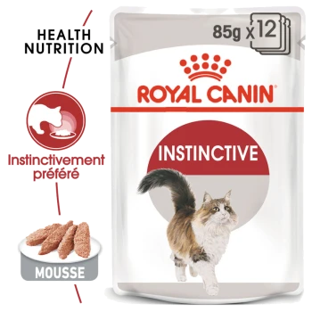 Pochette de nourriture pour chat Royal Canin Instinctive, 85 g x 12, présentant une illustration de chat courant et le texte "Health Nutrition" et "Mousse."