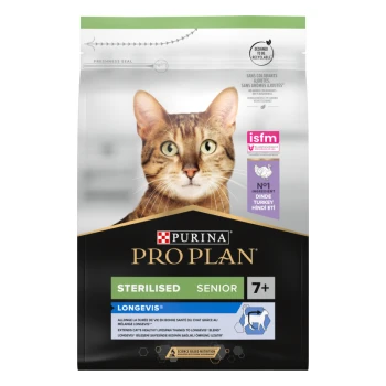 Sac de nourriture pour chat Purina Pro Plan présentant un gros plan du visage d'un chat, étiqueté "Stérilisé Senior 7+" avec "Longevis" et des allégations nutritionnelles.