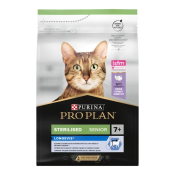 Sac de nourriture pour chat Purina Pro Plan présentant un gros plan du visage d'un chat, étiqueté "Stérilisé Senior 7+" avec "Longevis" et des allégations nutritionnelles.