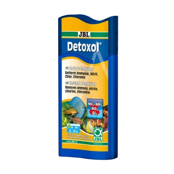 JBL Detoxol-Flasche, gekennzeichnet als "Sofort-Detoxifier", entfernt Ammoniak, Nitrit, Chlor und Chloramin; geeignet für Süß- und Salzwasser.