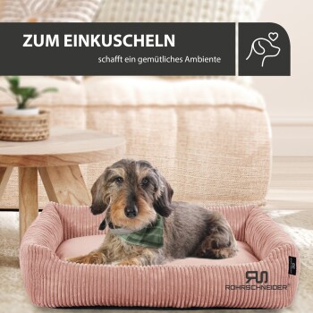 Ein rosa Cord-Hundebett mit einem kleinen Hund in einem grünen Halstuch. Text: "ZUM EINKUSCHELN schafft ein gemütliches Ambiente."