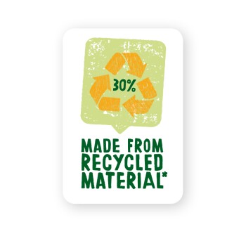 Étiquette indiquant "30 % Fabriqué à partir de Matériaux Recyclés" avec un symbole de recyclage vert et orange sur un fond blanc.