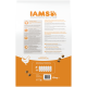 Rückseite eines IAMS Katzenfutterbeutels, orange/weiß, IAMS-Logo und -Slogan, Gesundheitsicons, Fütterungstabelle, 10 kg.