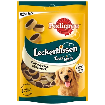 Emballage de friandises pour chiens Pedigree Tasty Minis présentant des collations rondes bicolores. Le texte comprend "Leckerbissen", "Rind und Käse Geschmack" et "<5% Fett."