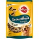 Verpackung von Pedigree Tasty Minis Hundeleckerlis mit runden, zweifarbigen Snacks. Der Text enthält "Leckerbissen", "Rind und Käse Geschmack" und "<5% Fett."