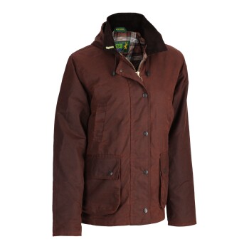 Braune gewachste Baumwolljacke mit kariertem Futter, vorderen Taschen und Knopf- sowie Reißverschluss, beschriftet mit "Made in Brit."