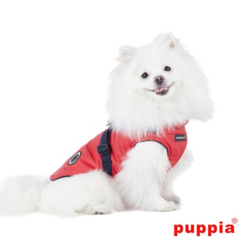 Ein flauschiger weißer Pomeranian-Hund trägt eine leuchtend rote Weste mit einem schwarzen Riemen und lächelt in die Kamera. Der Markenname 'puppia' ist auf der Weste sichtbar.