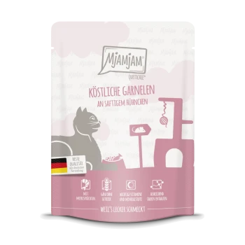 Mjamjam huisdiervoeding zakje met een kat illustratie, gelabeld "Köstliche Garnelen an saftigem Hühnchen," met kwaliteitsingrediënten en vitamines.