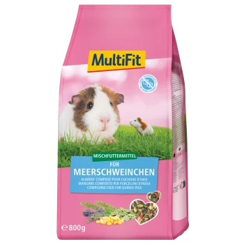 Rosa MultiFit 800-g-Tüte Mischfutter für Meerschweinchen, großes Meerschweinchenbild und der Text 'Für Meerschweinchen'.
