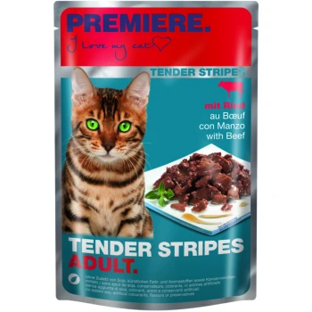 Tender Stripes Rind 28x85 g Verpackung für Katzenfutter mit einer Bengal-Katze mit grünen Augen, beschriftet mit 'Tender Stripes Adult' mit Rindfleisch, und Text in mehreren Sprachen.