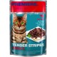 Verpackung für Katzenfutter mit einer Bengal-Katze mit grünen Augen, beschriftet mit 'Tender Stripes Adult' mit Rindfleisch, und Text in mehreren Sprachen.