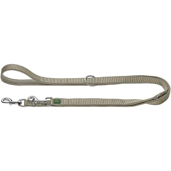 Beigefarbene, gepolsterte Nylon-Hundeleine mit drehbaren Metallkarabinern und D-Ring, Schlaufenhandgriff und kleinem grünen Anhänger mit gelbem Text