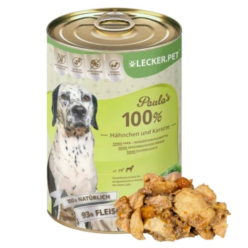 Dosen-Hundefutter mit dem Etikett "Paula's 100% Hähnchen und Karotte," mit Hähnchen und Karotte, 93% Fleischanteil und ohne Zusatzstoffe.