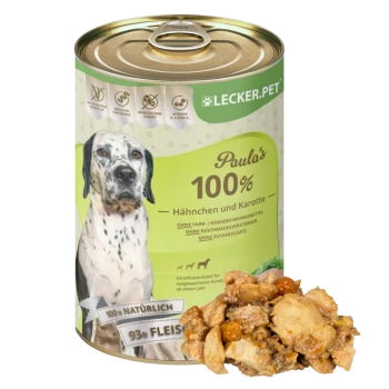 Dosen-Hundefutter mit dem Etikett "Paula's 100% Hähnchen und Karotte," mit Hähnchen und Karotte, 93% Fleischanteil und ohne Zusatzstoffe.