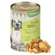 Dosen-Hundefutter mit dem Etikett "Paula's 100% Hähnchen und Karotte," mit Hähnchen und Karotte, 93% Fleischanteil und ohne Zusatzstoffe.