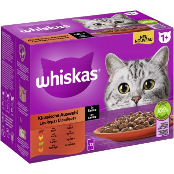 Multipack 1+ Klassische Auswahl in Sauce 12x85 g Whiskas Katzenfutterbox mit dem Gesicht einer grauen Katze, beschriftet mit 'Klassische Auswahl' mit Geschmacksrichtungen wie Rind, Huhn, Lamm und Geflügel.