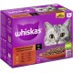 Whiskas Katzenfutterbox mit dem Gesicht einer grauen Katze, beschriftet mit 'Klassische Auswahl' mit Geschmacksrichtungen wie Rind, Huhn, Lamm und Geflügel.