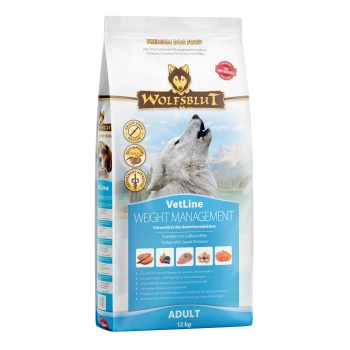 Wolfsblut VetLine Gewichtsmanagement Hundefutterbeutel (12 kg) mit einem heulenden Wolf, mit Truthahn, Süßkartoffeln, niedrigem Energiegehalt und Diabetesunterstützung.