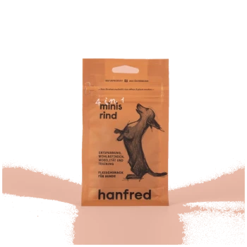 Orange Hanfred-Leckerli-Tasche mit Dackel-Skizze und sichtbarem Text "4 in 1 minis rind" und "Fleischsnack für Hunde"