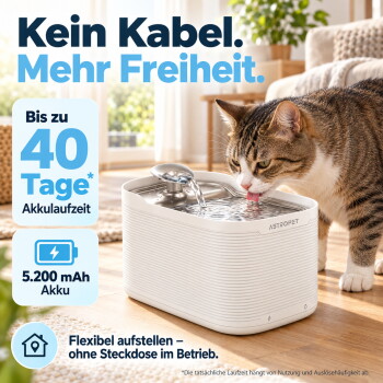 Explosionsansicht eines weißen automatischen Haustierbrunnens mit Metalldeckel und internem Wasserbehälter.