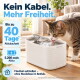 Explosionsansicht eines weißen automatischen Haustierbrunnens mit Metalldeckel und internem Wasserbehälter.