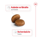 Zwei runde, braune Haustierfutterpellets werden angezeigt, mit Text, der "Kombination von Nährstoffen und Vitaminen" und "Hochverdauliche Proteine" hervorhebt.
