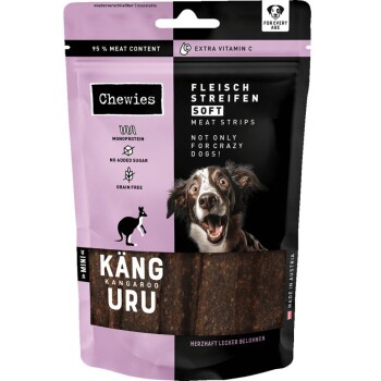 Eine lila Tüte mit "Chewies" Fleischstreifen für Hunde, gekennzeichnet als Gourmet-Natur-Snack mit extra Vitamin C, 70g, hergestellt in Deutschland.