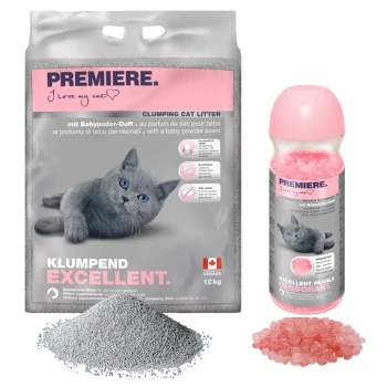 Litière pour chat agglomérante et perles désodorisantes de Premiere, comportant un chat gris sur l'emballage, avec un parfum de poudre pour bébé.