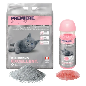 Klumpende Katzenstreu und deodorierende Perlen von Premiere, mit einer grauen Katze auf der Verpackung, mit Babypuderduft.