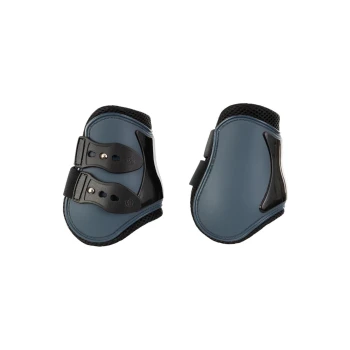 Ein Paar blaue und schwarze Pferdeboots mit zwei verstellbaren Riemen, die zum Schutz und zur Unterstützung beim Reiten entwickelt wurden.