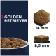 Bild von Hundefutter für Golden Retriever, mit Kibble-Größen von 18 mm und 8,5 mm, mit einer blauen Schüssel und fettem Text.